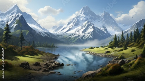 a simple and elegant representation of a High Alpine Valley with a pristine mountain lake