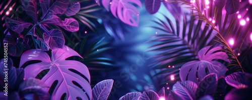 Neon light with tropical leaf summer background