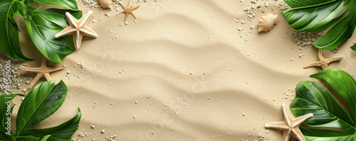 Summer background tropical sand beach tropical leaves and starfish, Flat lay top view