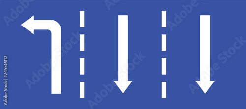 Set highway blue traffic sign three line road two opposite direction and turn left white arrow. Mandatory information route coution symbol collection for web mobile isolated white background