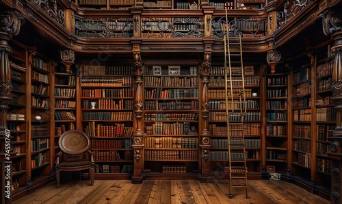 Classic dark wood shelves laden with countless books