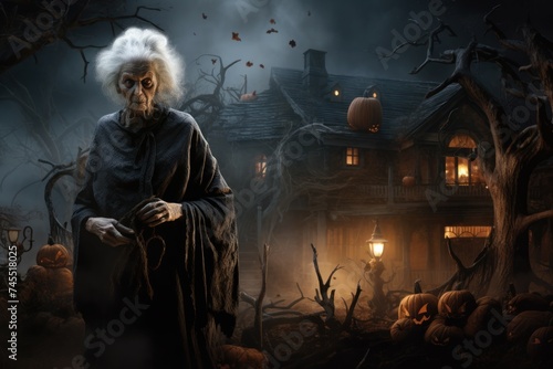 Decrepit Old woman halloween house. Fear mystery. Generate Ai