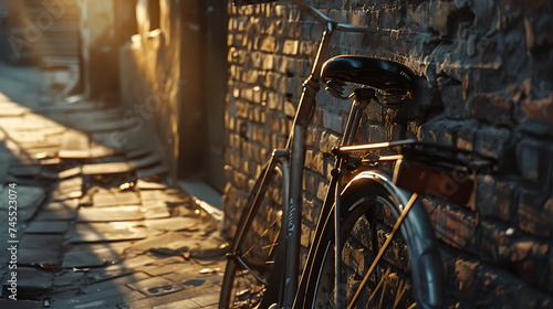 Bicicleta estacionada em parede rústica banhada por suave luz natural criando um clima acolhedor