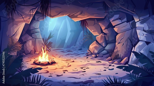 Prehistoric cave with caveman primitive painting on stone walls and fire. Cartoon vector neanderthal tribe dungeon. Aboriginal dwelling in underground rock cavern with ancient drawings and campfire