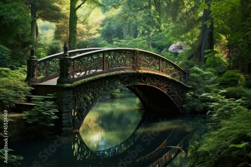 Mystical Oriental forest bridge. Oriental architecture. Generate Ai