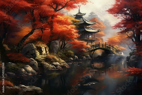 Serenene Oriental forest bridge autumn. Asian tourism. Generate Ai