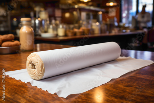 A roll of common disposable kitchen parchment paper on a baking counter