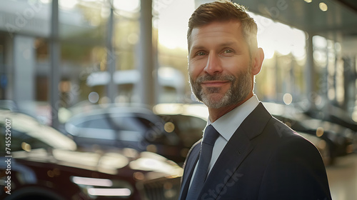 Um empresário sorridente em trajes elegantes em frente a uma concessionária de carros de luxo com veículos modernos e luz natural suave