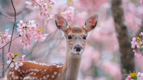 鹿が春の桜の木の下で景色を楽しむ(情緒、花見)