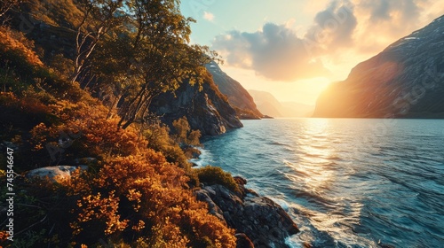 Generative AI Coastal allure, aerial drone shot, setting sun, panoramic fjord views, highly detailed Norwegian fjords sunset