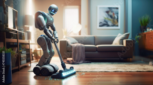 the robot vacuums the floor and cleans the apartment