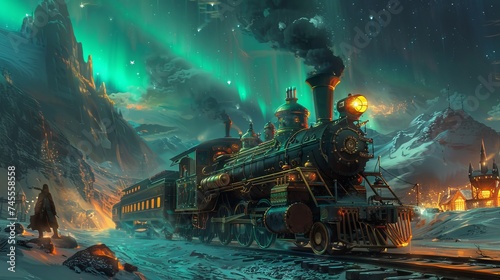 A secret steampunk black market thrives under the glow of the Aurora Borealis, its mechanical wonders trading hands in the ethereal light