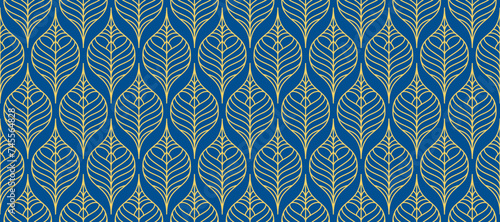 Retro art deco blue gold seamless pattern. Repeated golden leaf floral motif on navy background. Vintage decorative texture for wallpaper, textile, fabric, print swatch. Vector ornament backdrop