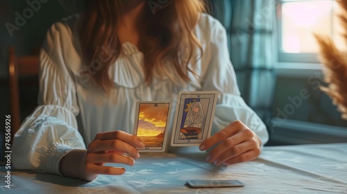 Young woman tarologist lays out tarot cards on the table, fortune telling, predicting the future. Astrology theme
