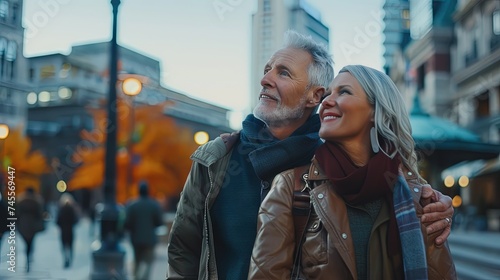 Friendly couple (male and female) older people exploring the city 