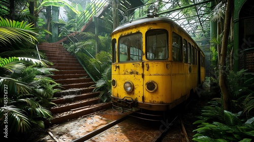 Abandoned Yellow Tram in a Tropical Greenhouse