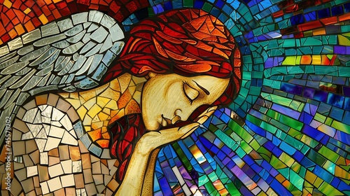 An angel weeping at a stained glass window its tears becoming part of the colorful mosaic