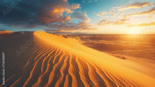 A breathtaking desert landscape with towering sand dunes stretching to the horizon, bathed in the golden light of sunset, casting long shadows across the rippling sands