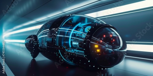 Futuristic transport capsule with advanced digital interface ready for instant jump across quantum fields