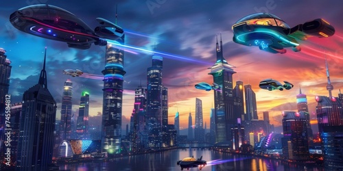 2050 skyline a dreamscape of colorful illumination and eco friendly flying cars depicting futuristic lifestyle and mobility