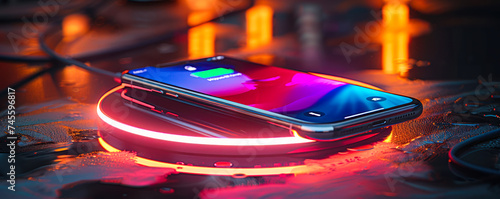 Futuristic smartphone with battery charging indicator on screen placed on wireless charging pad with glowing neon rings on a dark surface