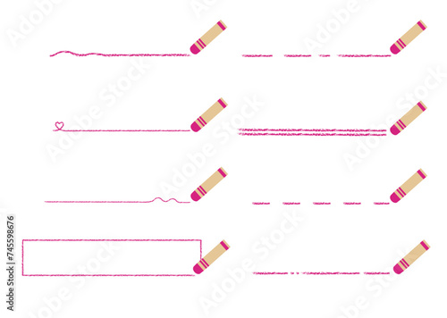 ピンクのクレヨンで書いた手書き風のいろんな線 素材セット