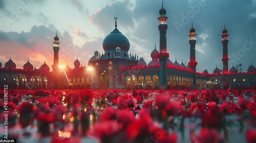 The phrase "Eid Mubarak" depicted prominently amidst a vivid red and white scene, captured with precision using an HD camera