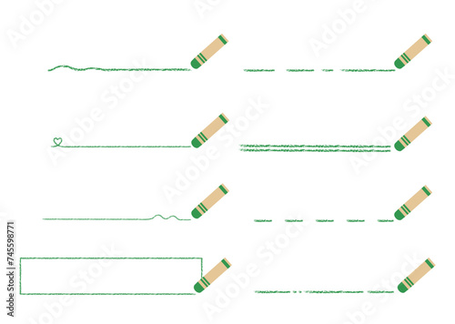 緑のクレヨンで書いた手書き風のいろんな線 素材セット
