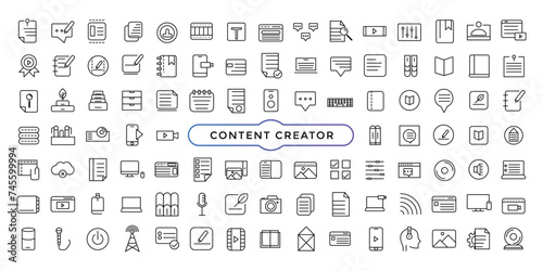 Set of content creator icon set illustration. Linear icon collection. Minimalist linear web icons bundle.