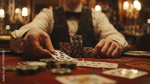 A focused shot of a dealer shuffling a deck of cards with precision