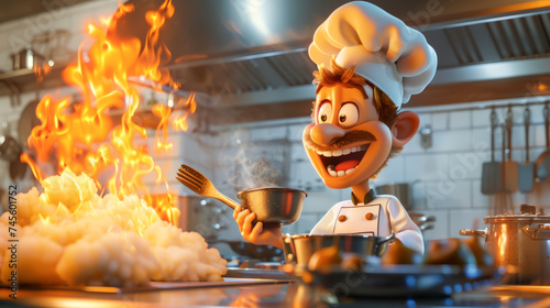 A silly cartoon character cooking up a storm in the kitchen