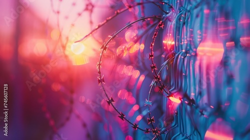 close-up of a barbed wire against a blurred fence with a vibrant sunset in the background