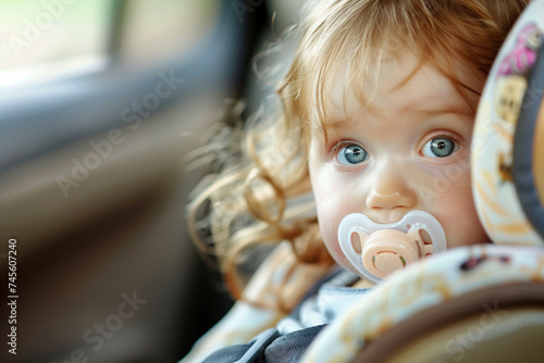A baby girl, curly golden hair, toddler, newborn, infant with a dummy or pacifier, with bright blue eyes, in a child car seat with a seatbelt on. Child car safety. 