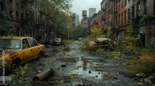 Digital artwork of a post-apocalyptic city street overtaken by lush greenery and vegetation, with abandoned buildings standing silent.