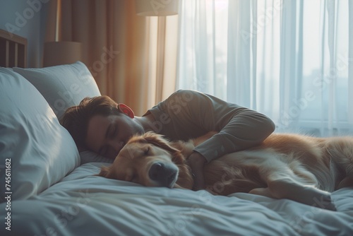 a cozy bedroom scene featuring a man and a golden retriever peacefully sleeping side by side.