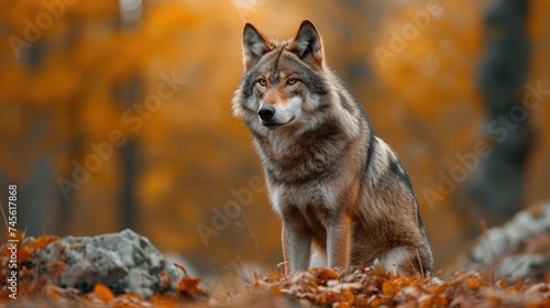 wolf in forest landscape view of wildlife in autumn, wild animal