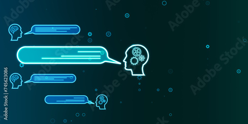 Creative chat GPT hologram with speech bubbles on blurry blue backdrop. AI concept. 3D Rendering.