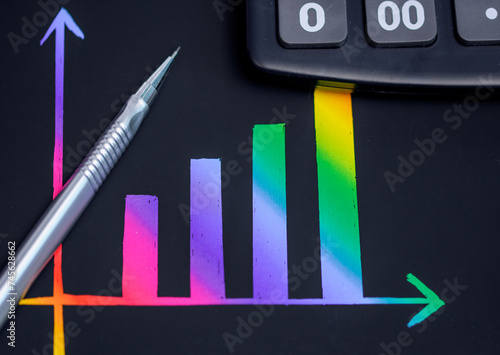 Kolorowy rosnący wykres słupkowy narysowany w zeszycie obok kalkulatora