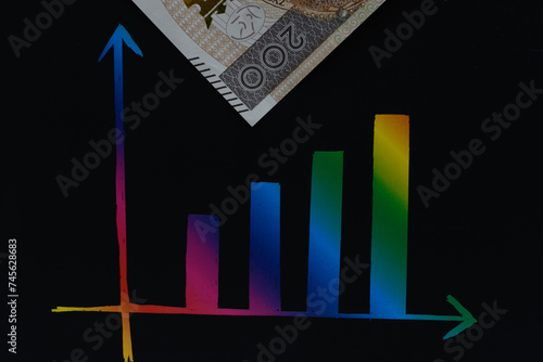 Papierowy banknot leży obok kolorowego diagramu słupkowego pokazując tendencje wzrostu gospodarczego 