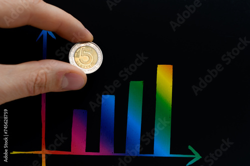 Moneta trzymana w palcach na tle kolorowego wykresu słupkowego 