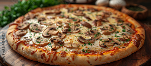 a pizza with mushrooms on top