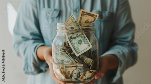 person holding a glass jar filled with various denominations of U.S. dollar bills,