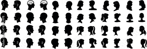 Cameo Silhouette collection, diverse profiles. Ideal for identity, character design visuals. Men, women showcasing various hairstyles, features. Variety in shapes, sizes of heads, hairstyles depicted 