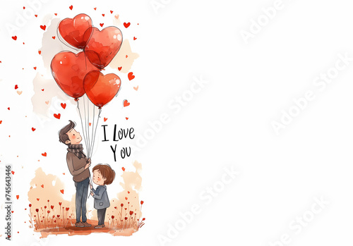 petit garçon et son papa, sous un bouquet de ballons baudruche rouges avec le texte "I love You" en anglais (je t'aime en français) pour la fête des pères. Fond blanc avec espace négatif copyspace 