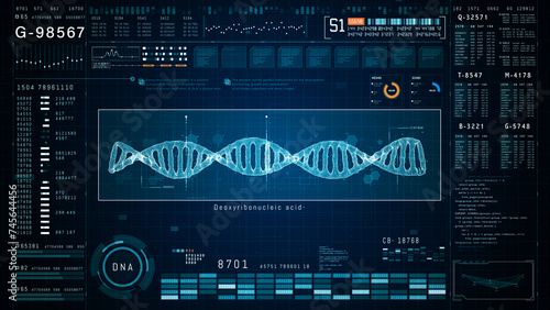 High tech digital interface for genetic research displaying a detailed DNA structure analysis, emphasizing advancements in biotechnology and genomics. 3d rendering