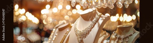 A luxury jewelry boutique showcases exquisite necklaces on mannequins, sparkling under the glamorous lights of the display.