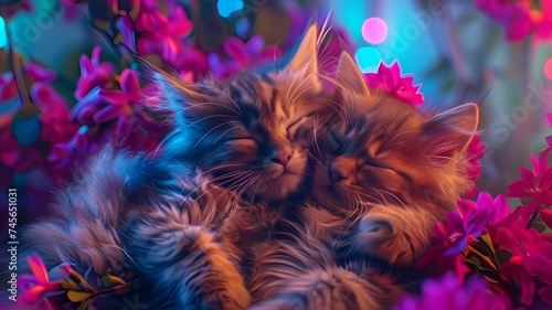 Two fluffy kittens sleep peacefully on colorful flowers.