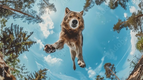 Wolf jumping down against a blue sky. Animal in the air in motion