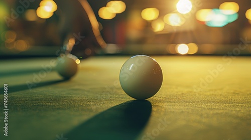 A close up of the white cue ball on a snooker table during play and a hand with the snooker cue stick about to take a shot