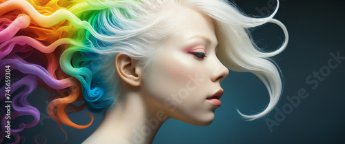 Portrait of an albino girl with colorful hair